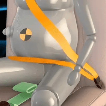 Crash test dummy showing correct seatbelt positioning with BumpGuard